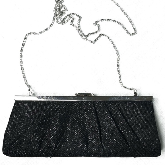 Jessica McClintock Black Metallic Clutch Silver Strap Shoulder Evening Bag - Picture 1 of 9